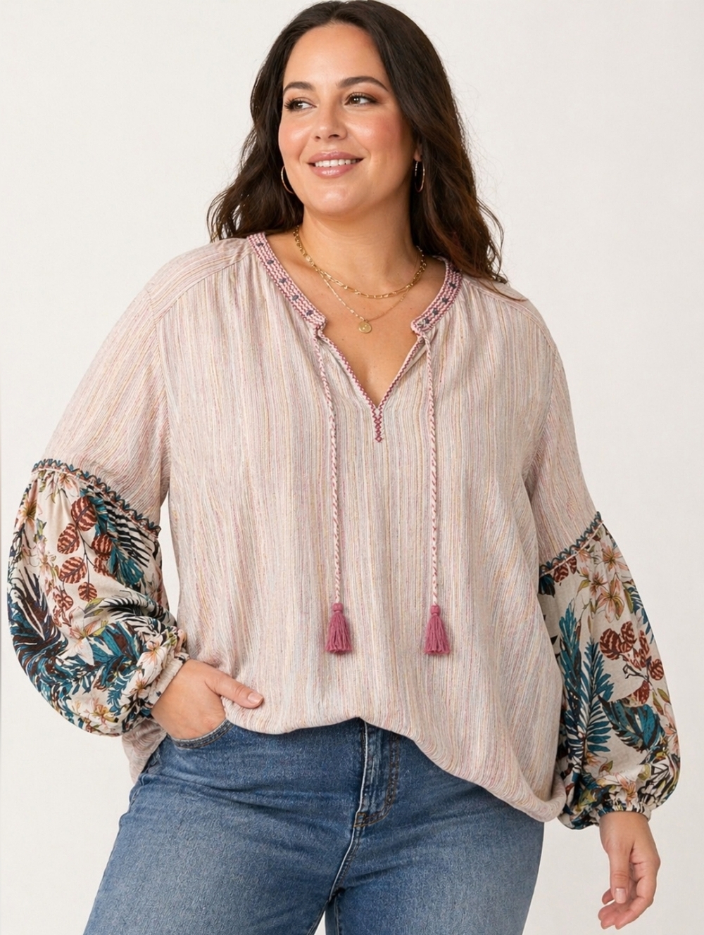 Johnny Was Workshop Boho Mixed Print Peasant Top XXL Tassel Tie Floral Sleeve